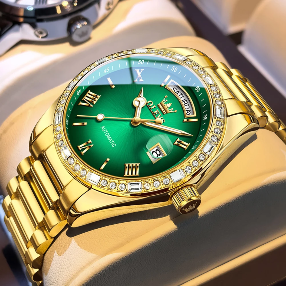 

Мужские наручные часы OLEVS: роскошные, автоматические, механические, водонепроницаемые, с люминесцентным циферблатом, указателем даты, из нержавеющей стали, модные