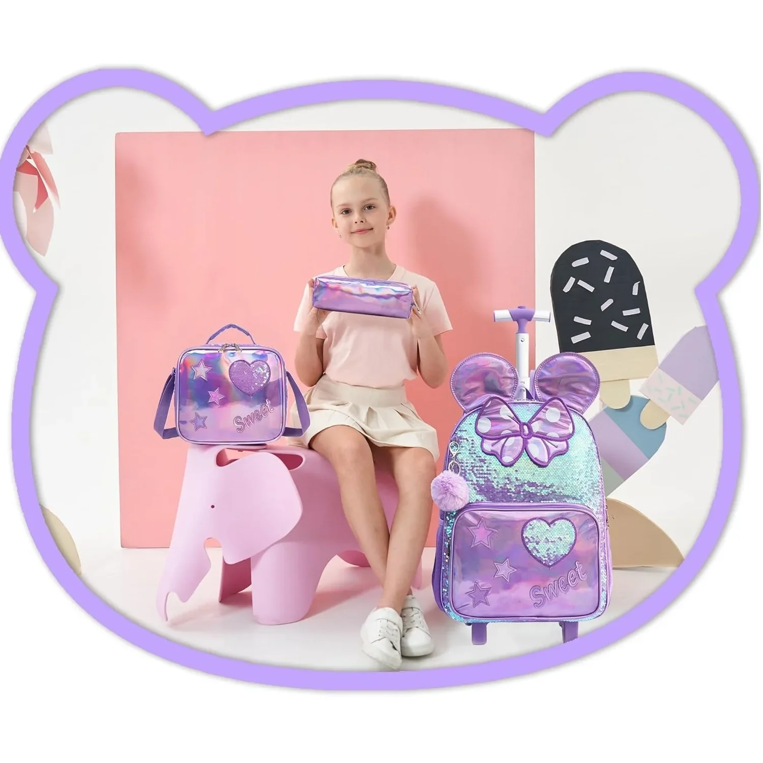 School Bags 3PCS Cute Girls Rolling Trolley Backpack Primary Children Backpacks Girl with Wheels Back To School Student Bags