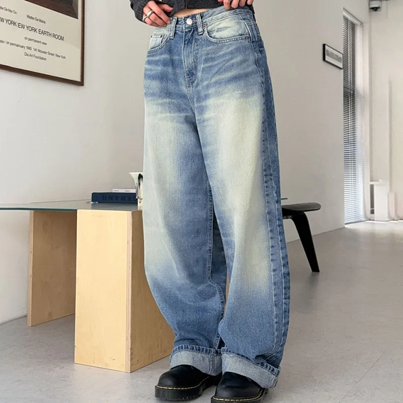 American street style personality wash gradient denim wide leg pants low waist loose straight leg casual basic pants