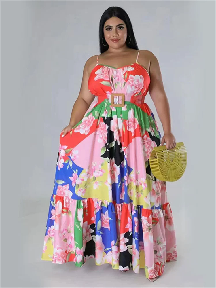 Wmstar Plus Size Dresses for Women Flowers Print Sexy Slip Big Hem Draped Maxi Dress Sweet Style Wholesale Dropshipping Xl- 5xl