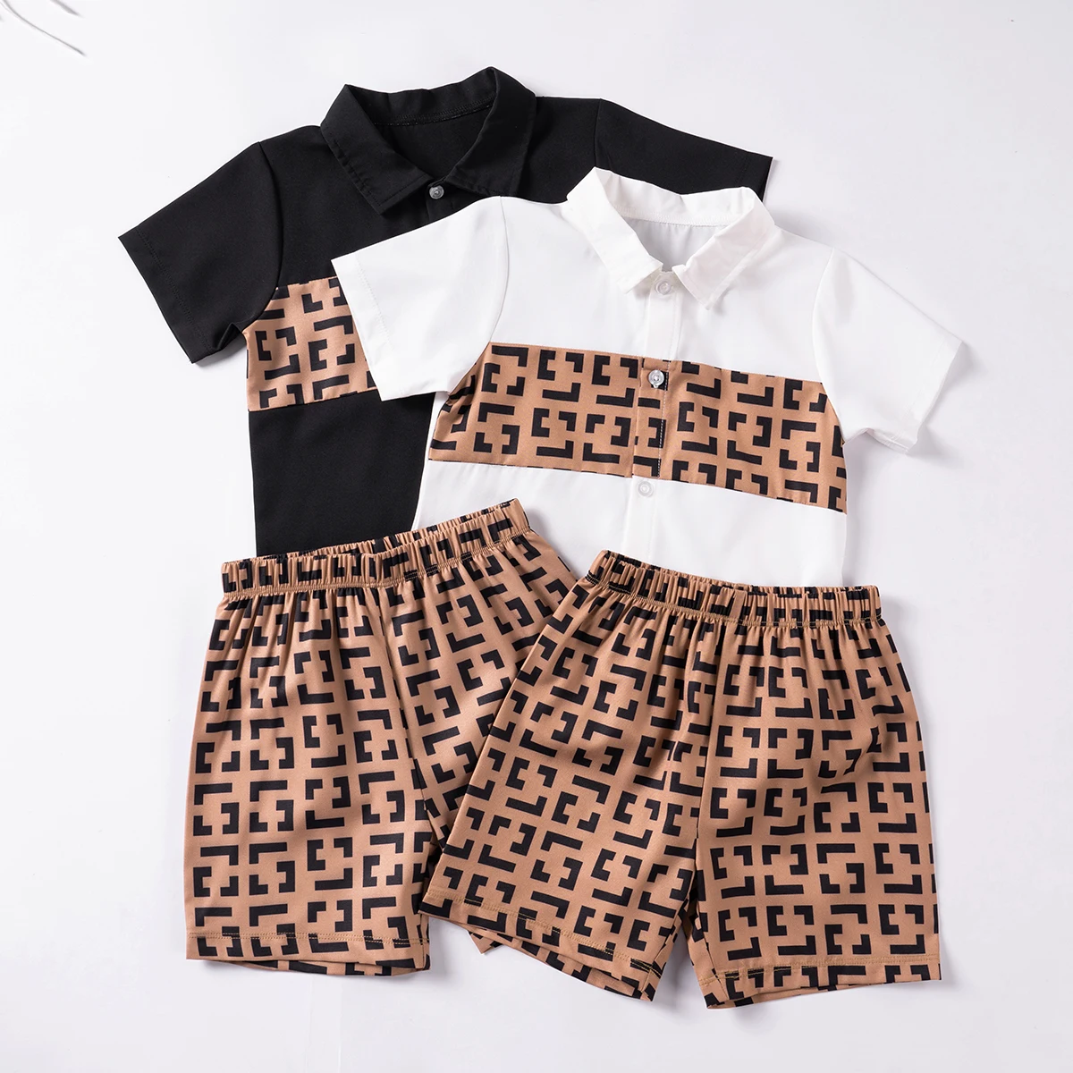 Toddler Boys Fashion Set Classic Pattern Printed Summer Short Sleeves+Full Print Shorts 2-piece Set for Daily or Party Wear