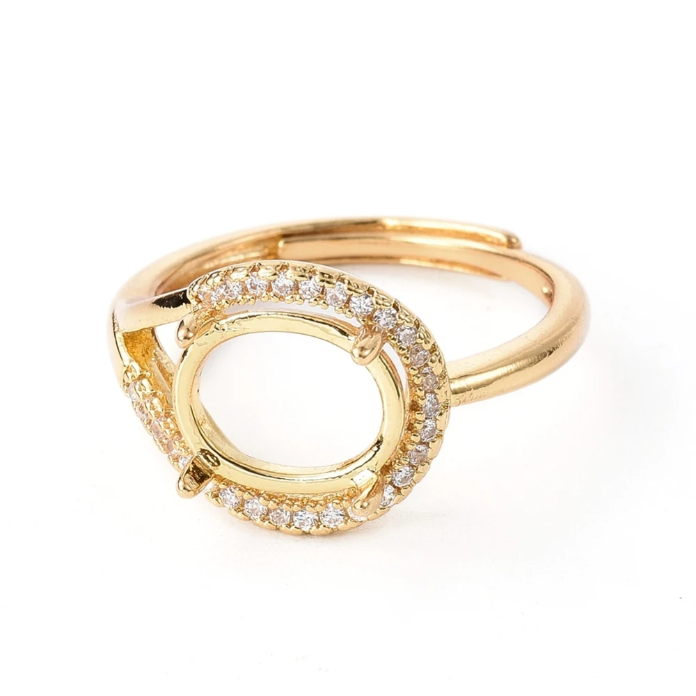 Adjustable Brass Finger Ring Components 4 Claw Prong Settings with Clear Cubic Zirconia Golden Size 7 17mm Tray 10x8mm