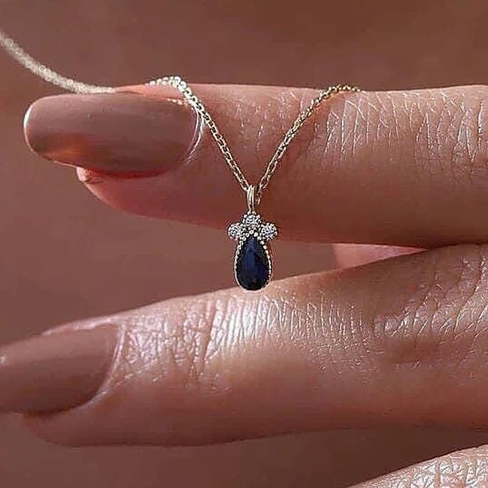 Huitan New Fashion Women's Necklace Dainty Pendant Water Drop Blue Cubic Zirconia Necklace Elegant Versatile Female Jewelry Gift