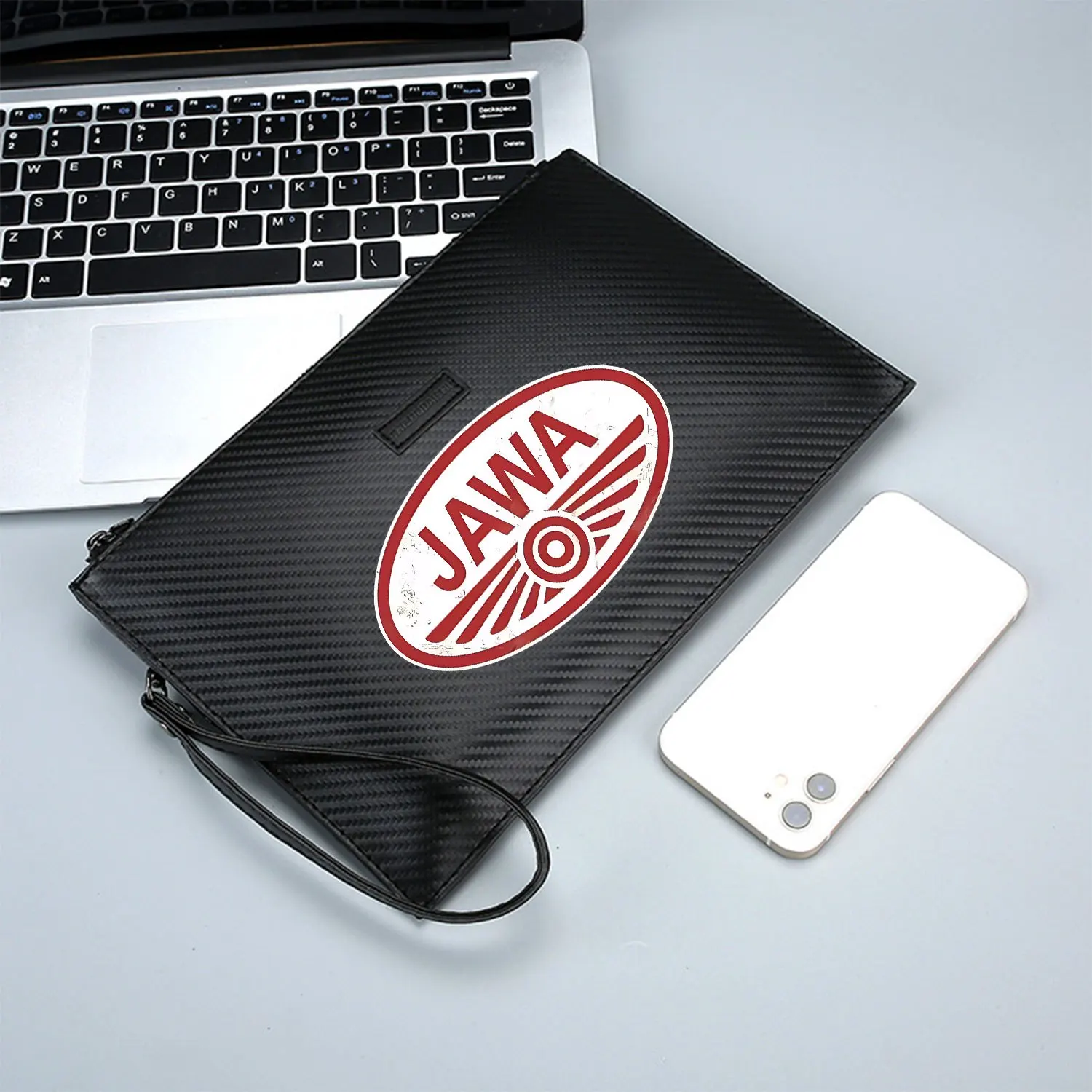 Red oval logo with bold text and lines Elegant Printed PU Men's Handbag Fashionable and Practical for Everyday Carry