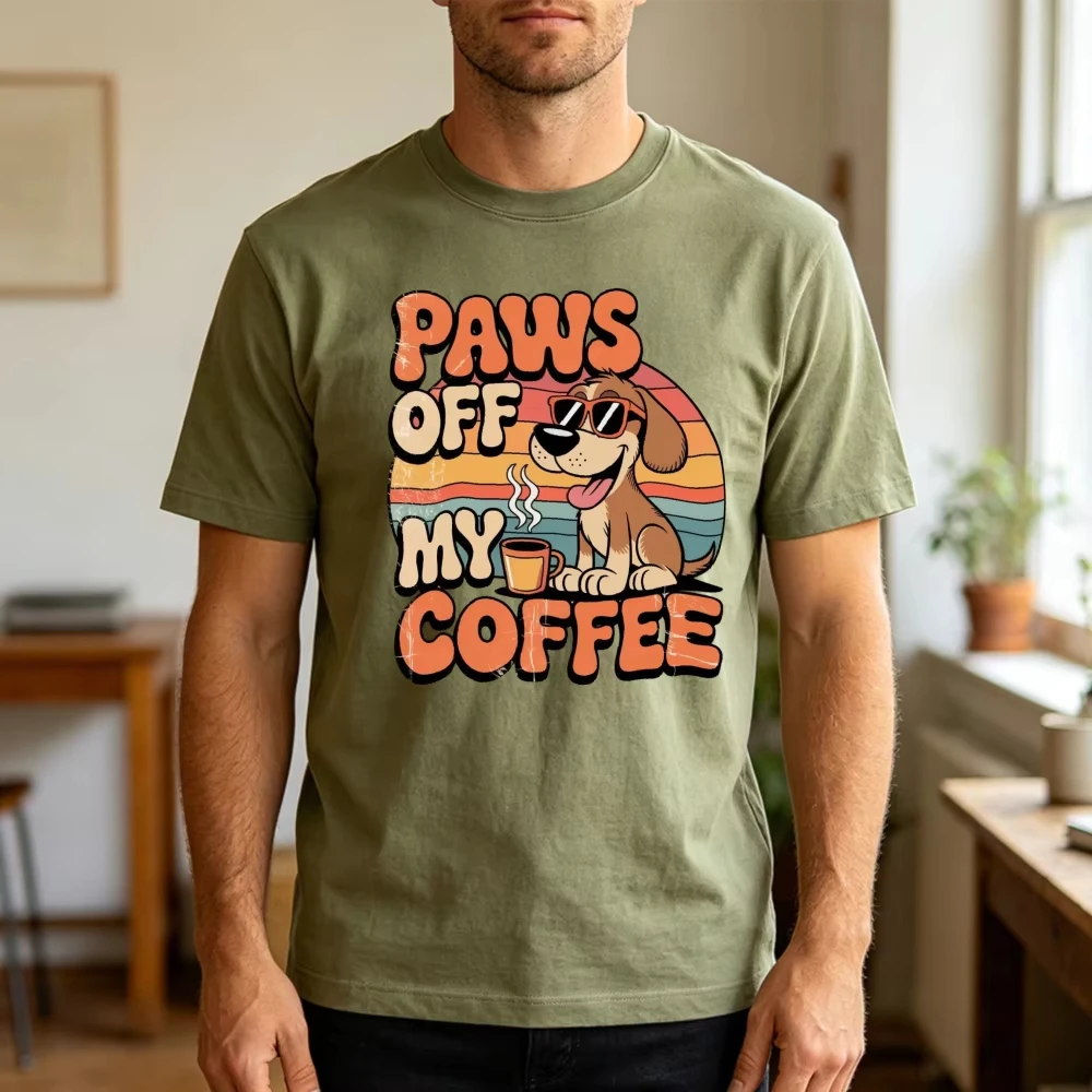 Retro Paws Off My Coffee Graphic T Shirt Cute Dog With Sunglasses Sunset Print Casual Dog Lover Coffee Addict Pet Owner tops