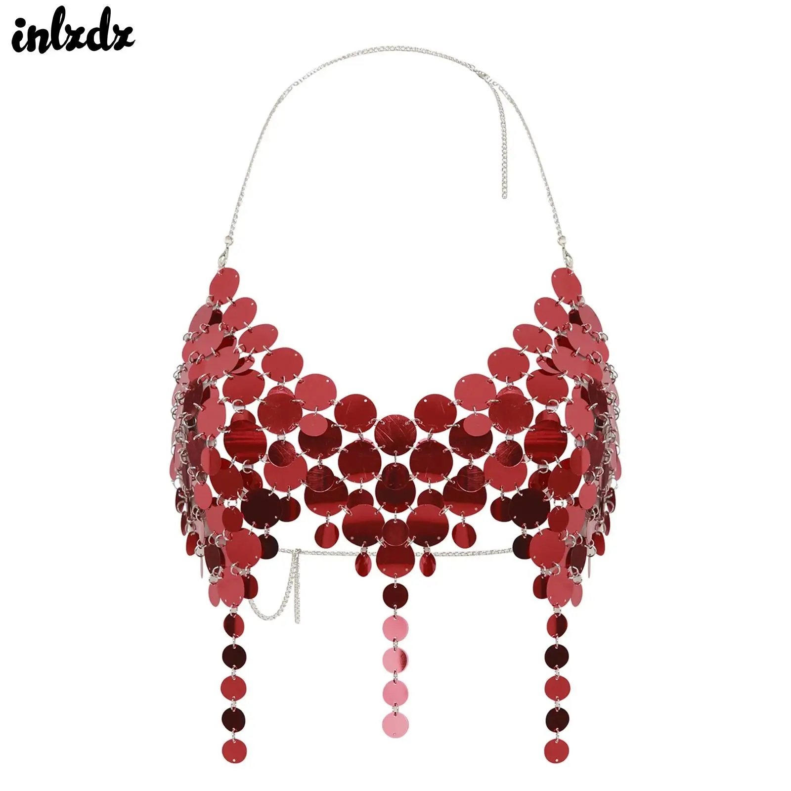 

Womens Glittery Sequin Bra Top for Pole Dancing Halter V Neck Backless Chain Rave Bra Layering Irregular Hem Fringe Body Chain