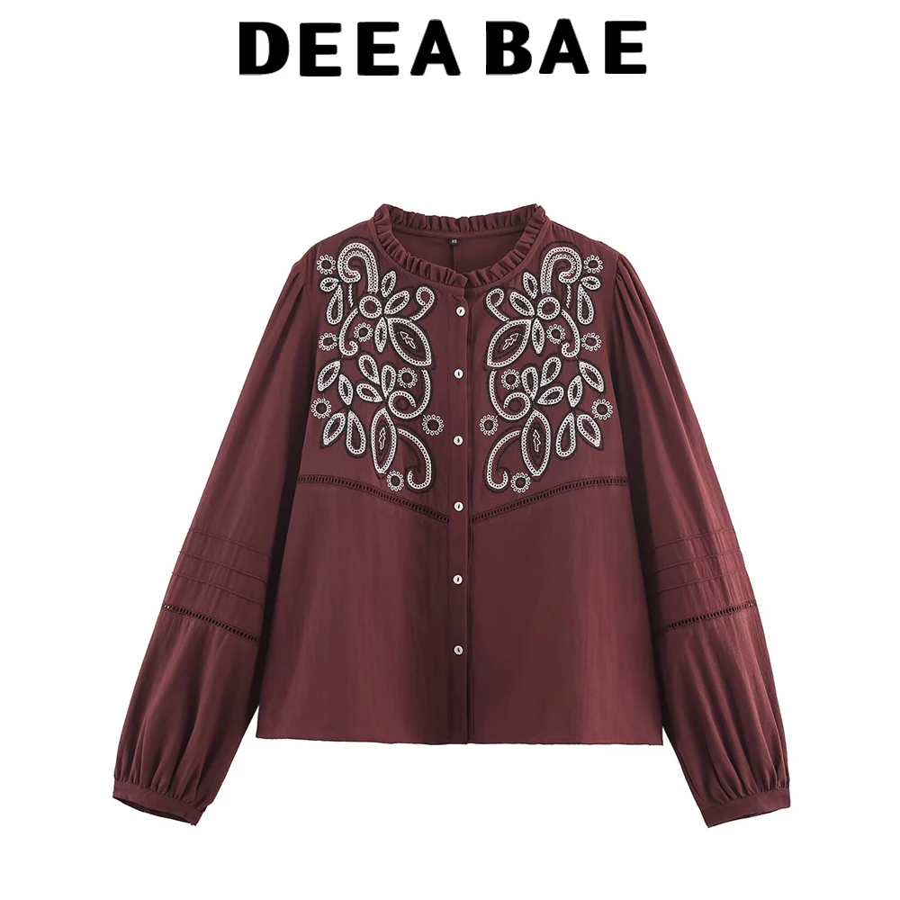 

DEEABAE 2025, осенний новый продукт, женская сложенная рубашка с декоративным воротником и длинными рукавами, контрастная рубашка с вышивкой на груди