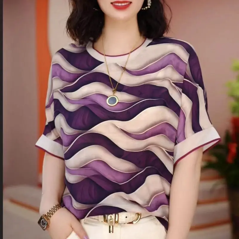 2024 Women\'s Summer New T-shirts Patchwork Contrast Color Flonce Fashion Minimalist Commute Loose Round Neck Short Sleeve Tops