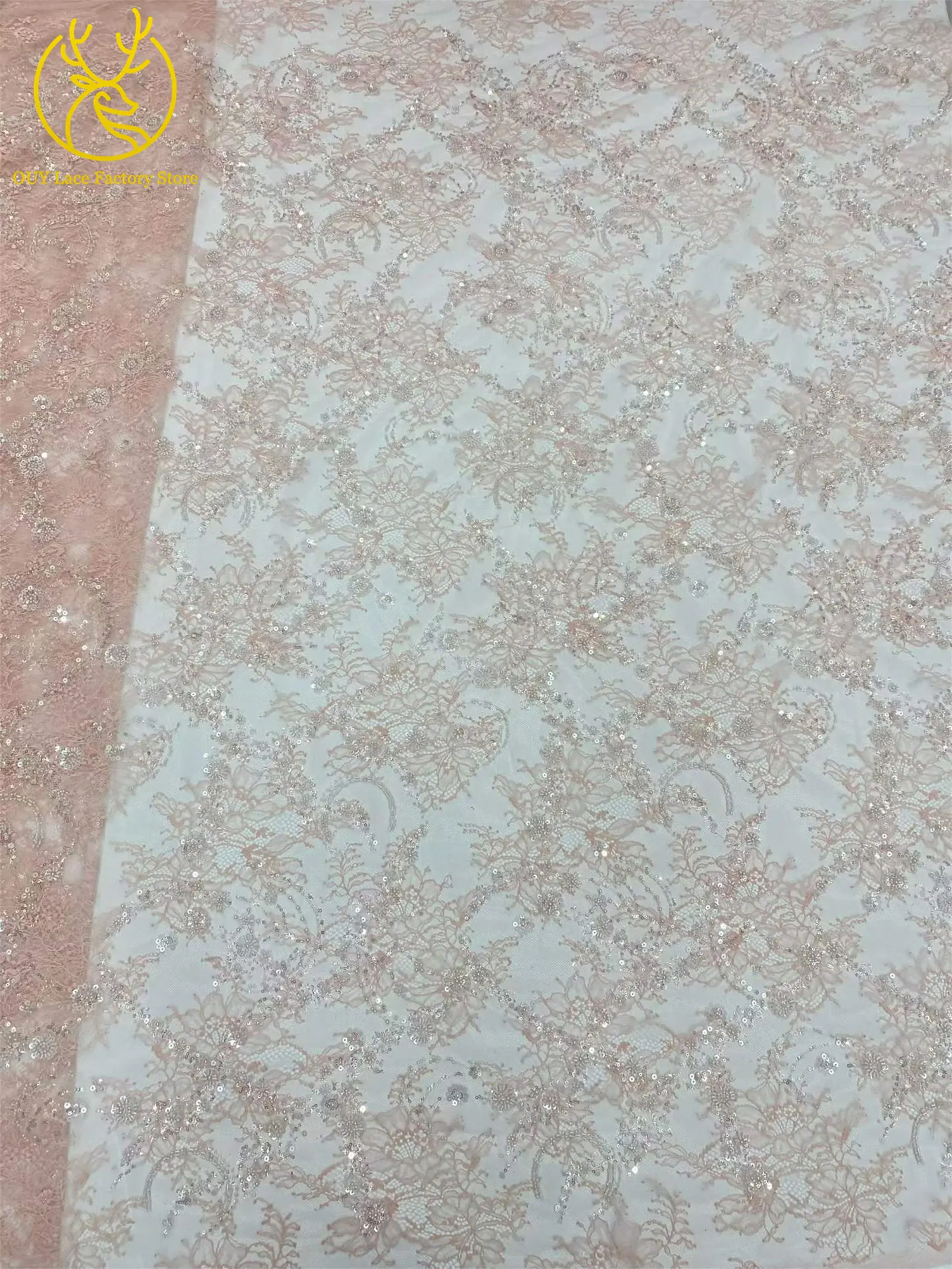 Afrikanischer Spitzenstoff, nigerianische Stickerei, Pailletten-Spitzenstoff, hochwertiger französischer Perlen-Spitzenstoff zum Nähen von Abendkleidern – Detail 6