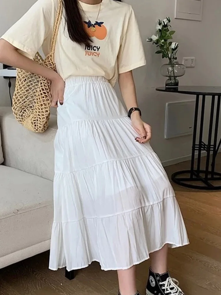 Spring Summer Women Chiffon Skirts Vintage High Waist Elastic Patchwork White Black Chic Long Cake A-line Skirt for Student