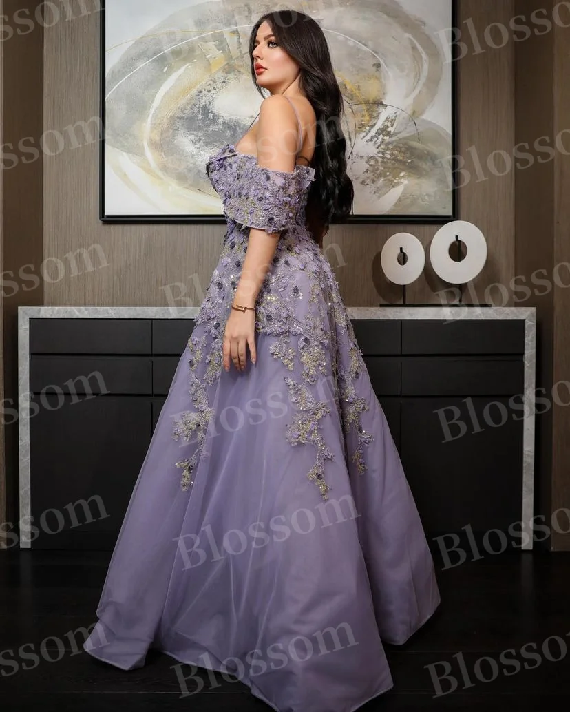 Off Shoulder Appliques Floral A-line Prom Dresses Floor-length Saudi Arabia Luxury Evening Dresses 2024 Purple Formal Party Gown