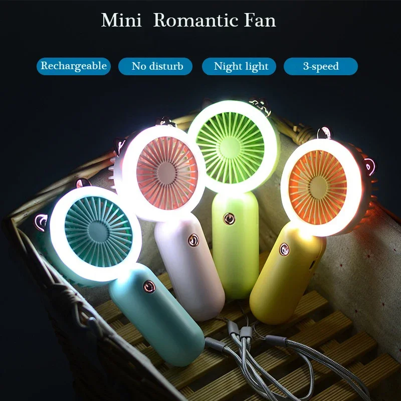 Portable Romantic Mini Fan USB Rechargeable With Beauty Lamp - Women's Hand Fan, Three Speeds