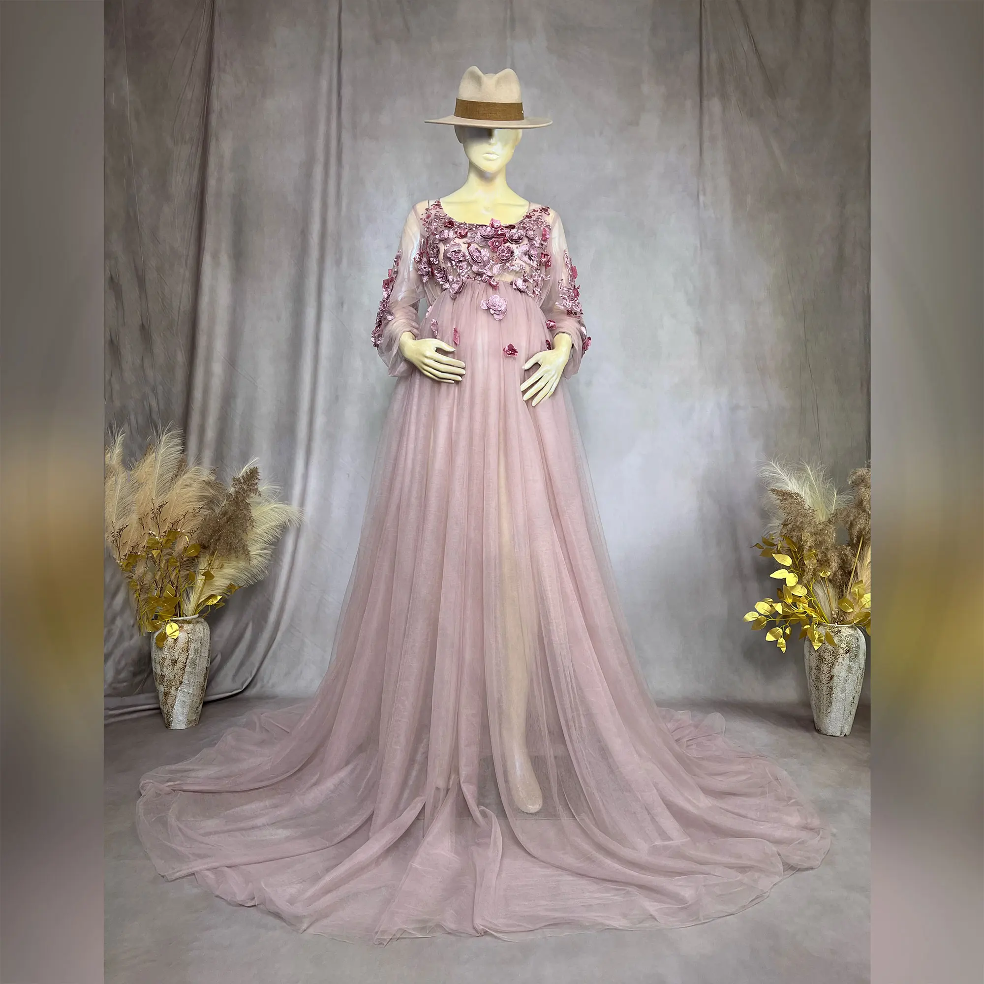 Don&Judy Mauve Tulle Maternity Dress for Photoshoot 3D Flowers Embroidery Pregnancy Gown Party Evening Dress for Pregnant Women