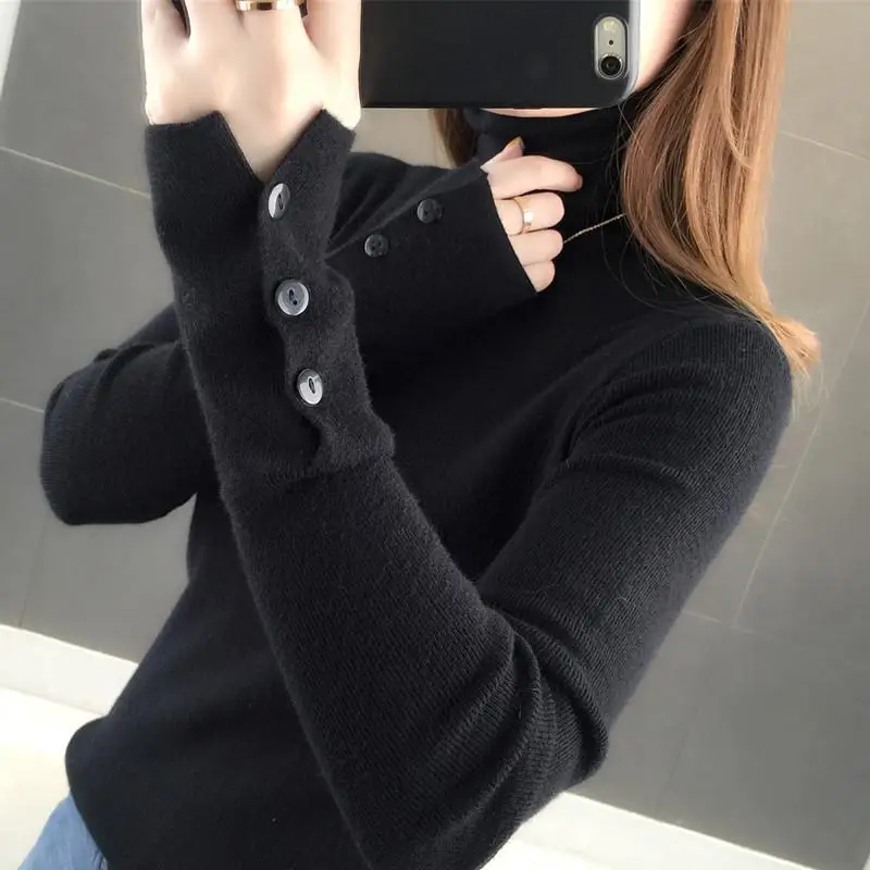 Women's Clothing Solid Color Button Long Sleeve Pullover Half High Collar Sweater Knitted Elegant Autumn Winter Commute Tops