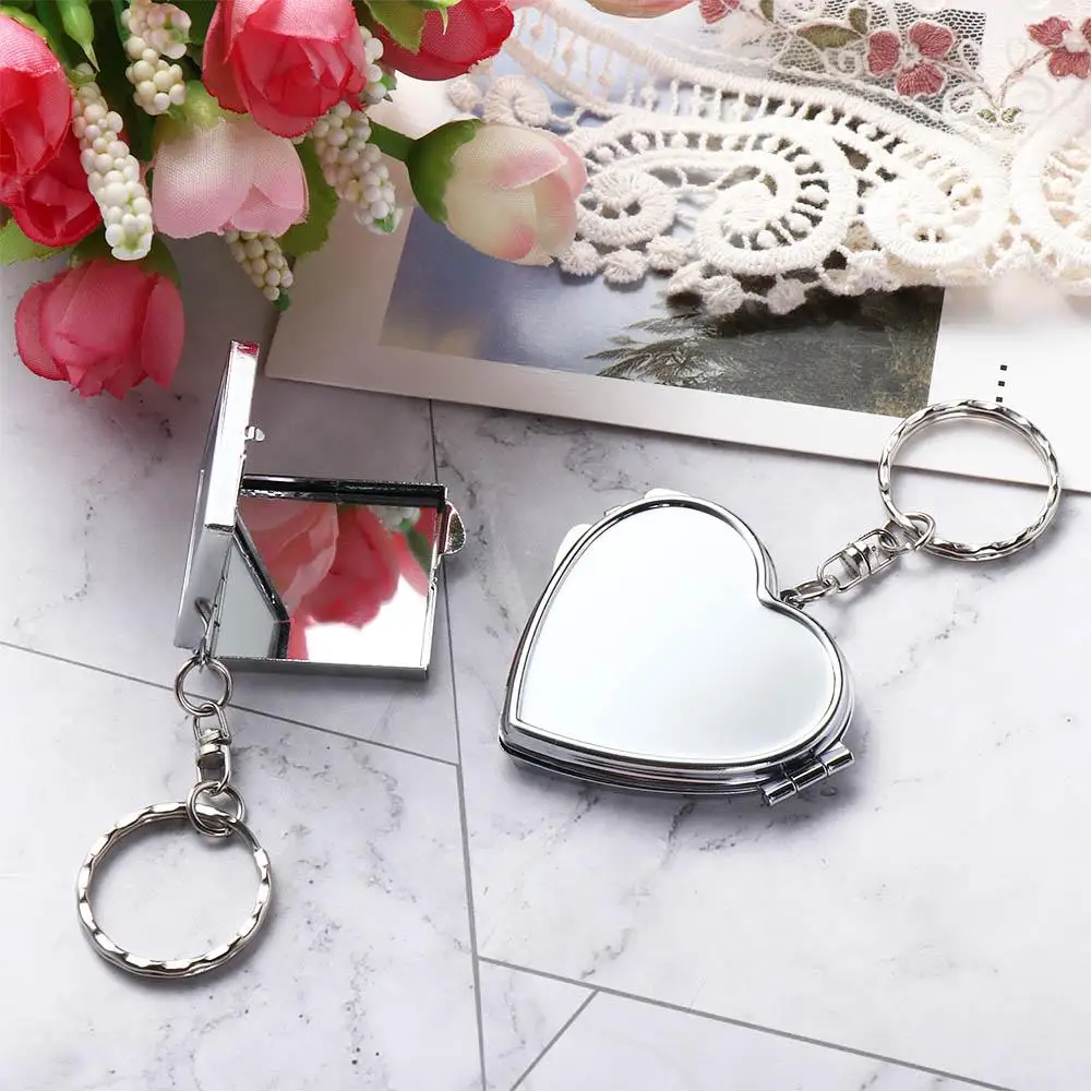 Makeup Mirror Folding Mirror Key Chain Metal with Key Ring Makeup Cosmetic Mirror Key Ring Round Heart Folding