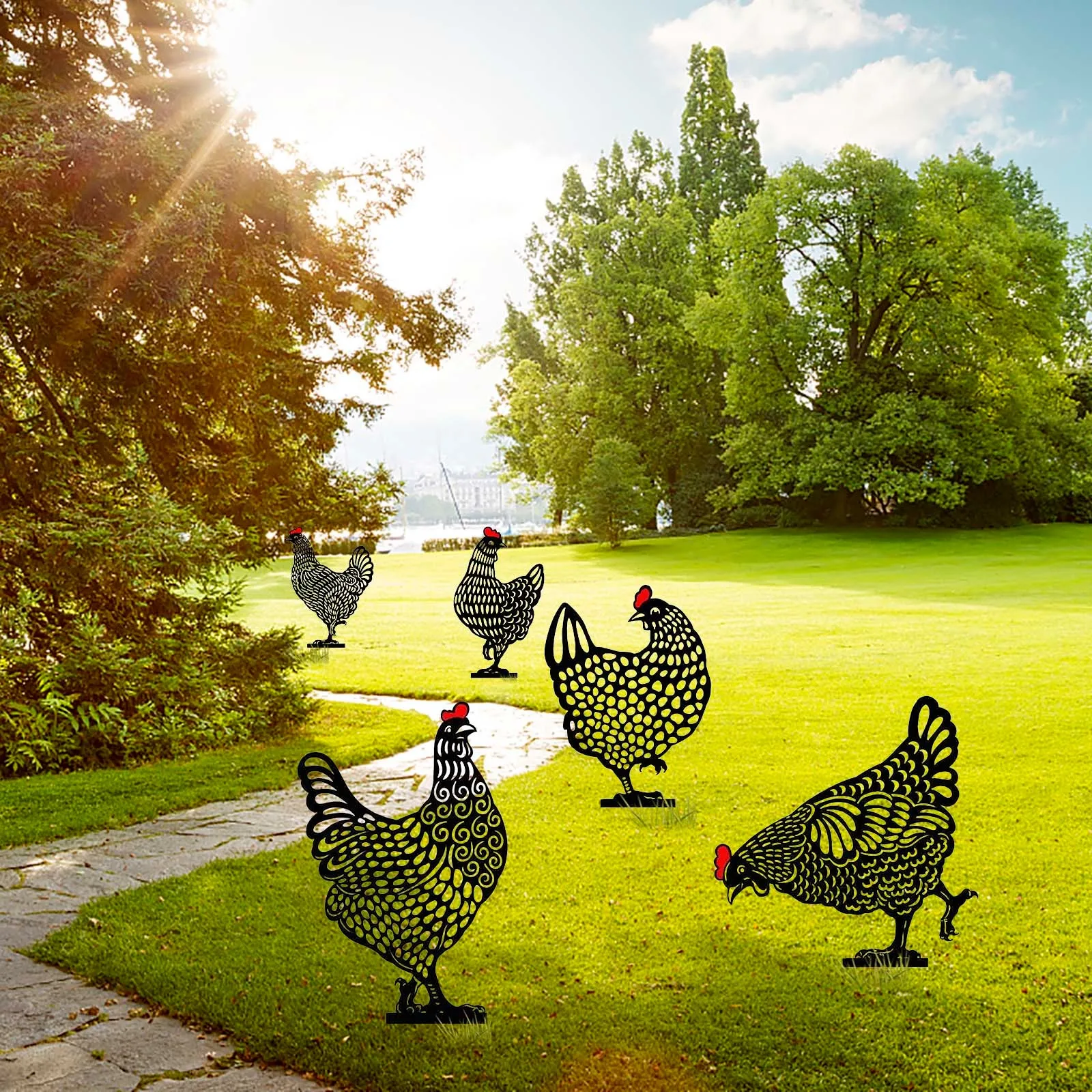 

Garden Decoration Outdoor Garden Backyard Stakes Metal Hen Yard Decorative Gift Garden Stake Rooster Animal Flat Decoration