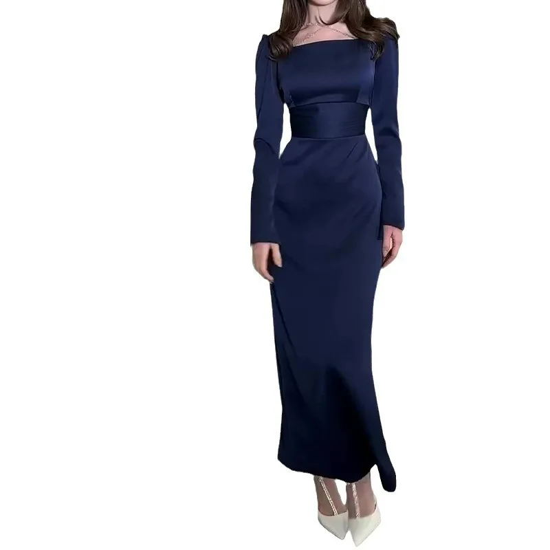 Sexy Solid Color Bodycon Evening Dress Elegant Long Sleeved High Waisted Dress for Women Square Neck Casual Lady Office Clothing
