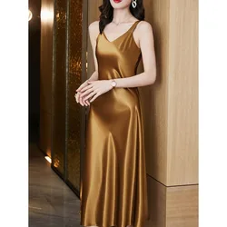 #4930 Sleeveless Spaghetti Straps Midi Satin Dress Women Solid Color V-neck Sexy A-line Party Dresses Women Evening Summer 2025