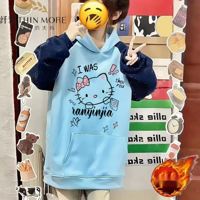 Sanrio Hello Kitty Cute Cartoon Print Splicing Hoodie Women's Autumn Winter Loose Casual Pullovers  Korean Style Versatile Coat