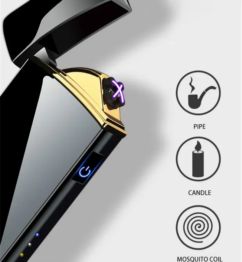 Electric Windproof Metal Lighter Double Arc Flameless Plasma Rechargeable USB Lighter LED Power Display Touch Sensor Lighter