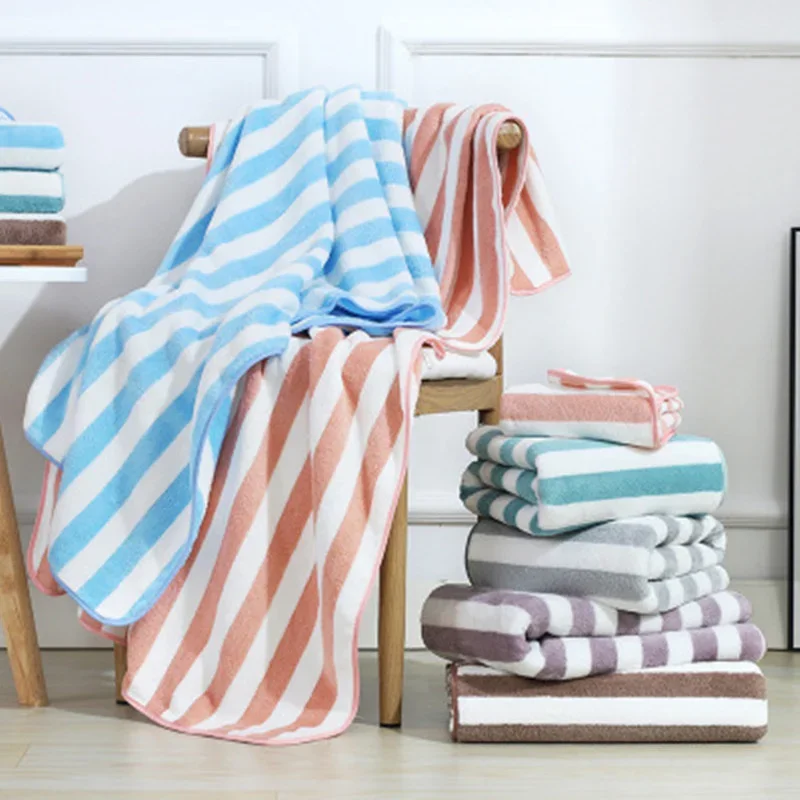 35x75cm Bath Towel Coral Fleece Microfiber Striped Adult Household Textiles Bathroom Soft Woman Sauna  Spa Absorbent Towel