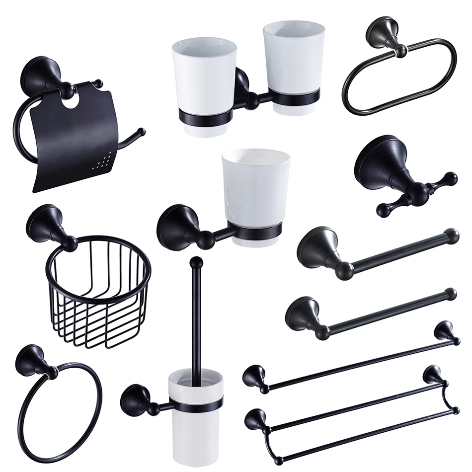 Brushed Black Bathroom Hardware Brass Ceramic Soap Cup Holder Toilet Brush Paper Rack Towel Bar Hang Shelf Bath Accessories Set