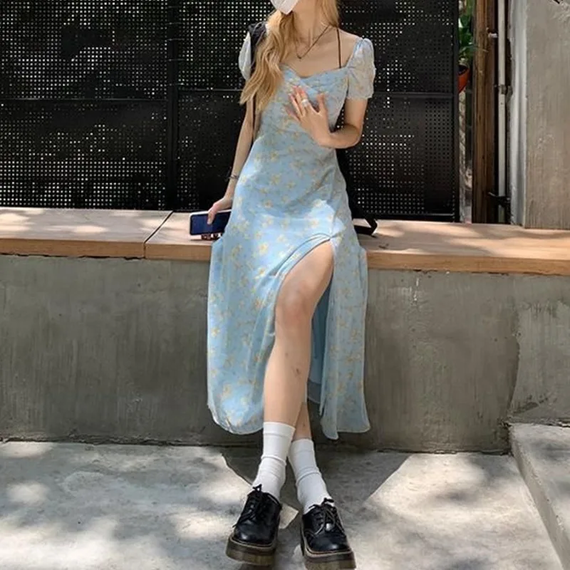 Dresses Women Puff Sleeve Floral Side-slit Sweet Chic Prevalent Ins Aesthetic French Style Summer Vestidos Young Holiday Trendy
