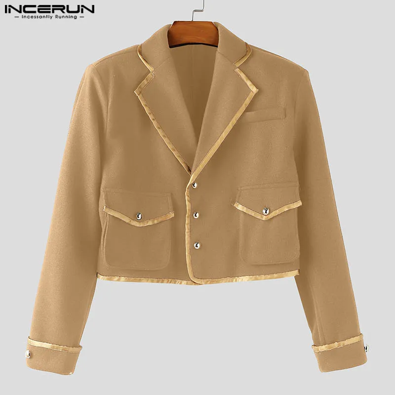 

INCERUN Men Jackets Patchwork Lapel Long Sleeve Button Crop Coats Men Streetwear 2025 Autumn Winter Fashion Casual Male Jackets