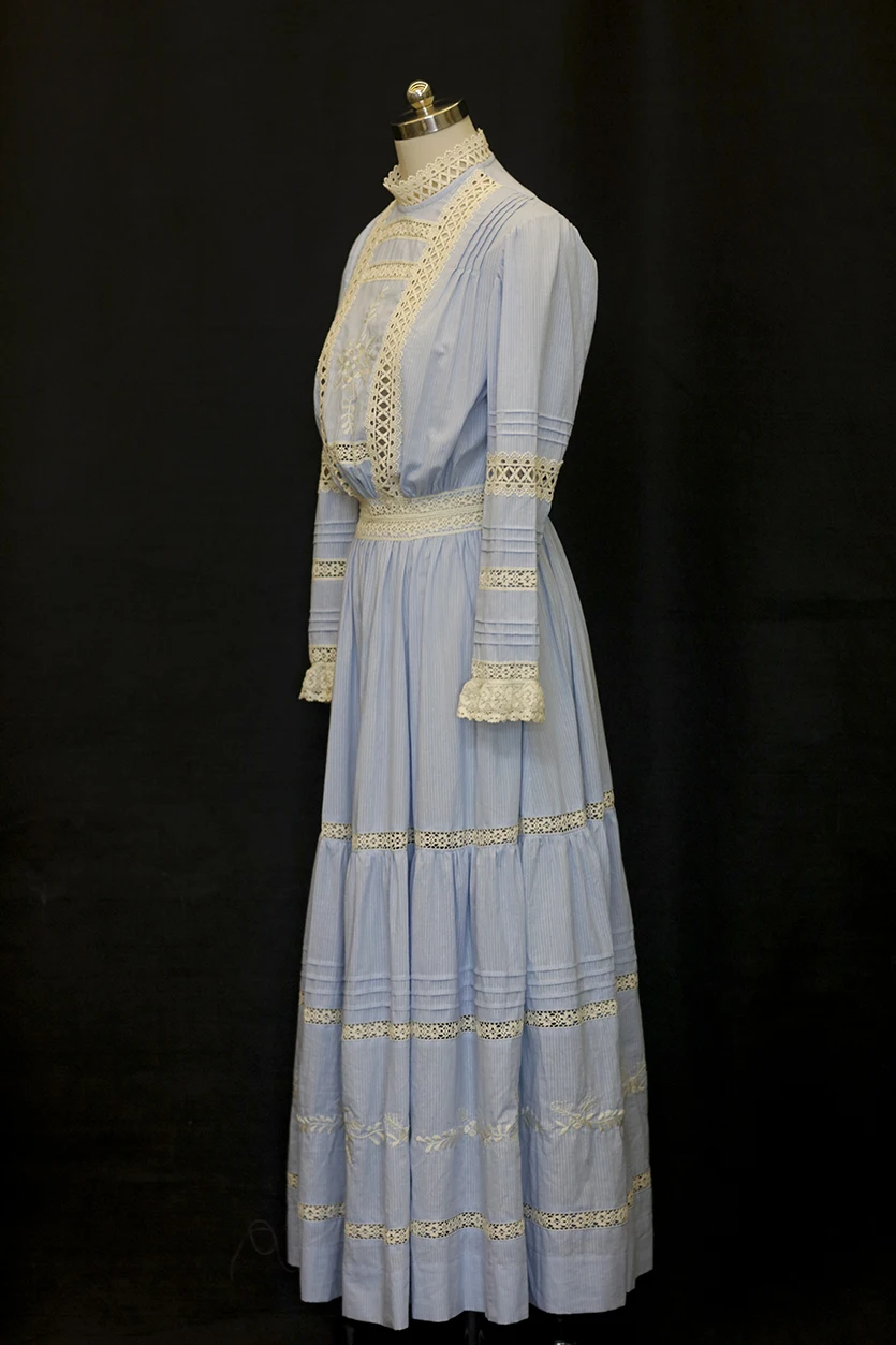 84-100cm busto primavera otoño Maxi vestidos para mujeres Vintage elegante ajustado bordado Sexy ahueca hacia fuera el encaje 100% algodón vestido largo azul