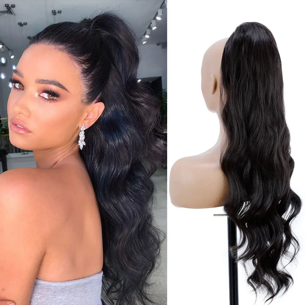 

28 Inches Ponytail Extensions 27/613 613 Blonde Bio Synthetic Body Wave 180 Grams Heat Resistant Drawstring Ponytail