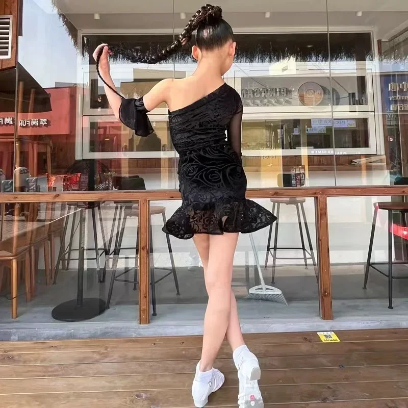 Children\'S Latin Dance Dress Professional Dance Training Costumes Girls Black Tops Skirts Suit Rumba Dance Wear fringe dress