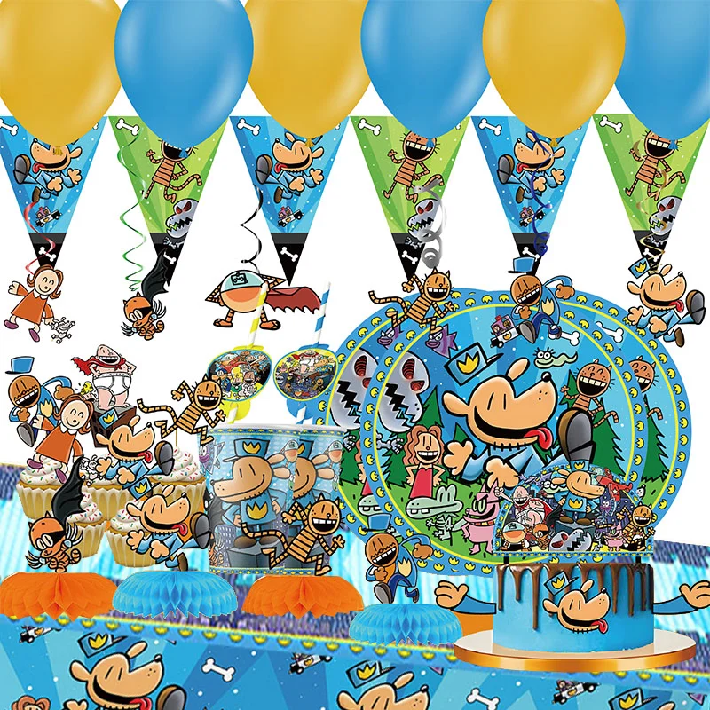 

Dog Man Eco-Friendly Disposable Party Tableware Kit Paper Plates Cups Cake Flag Sqiral Honeycomb Brooch Kids Birthday Party Kit
