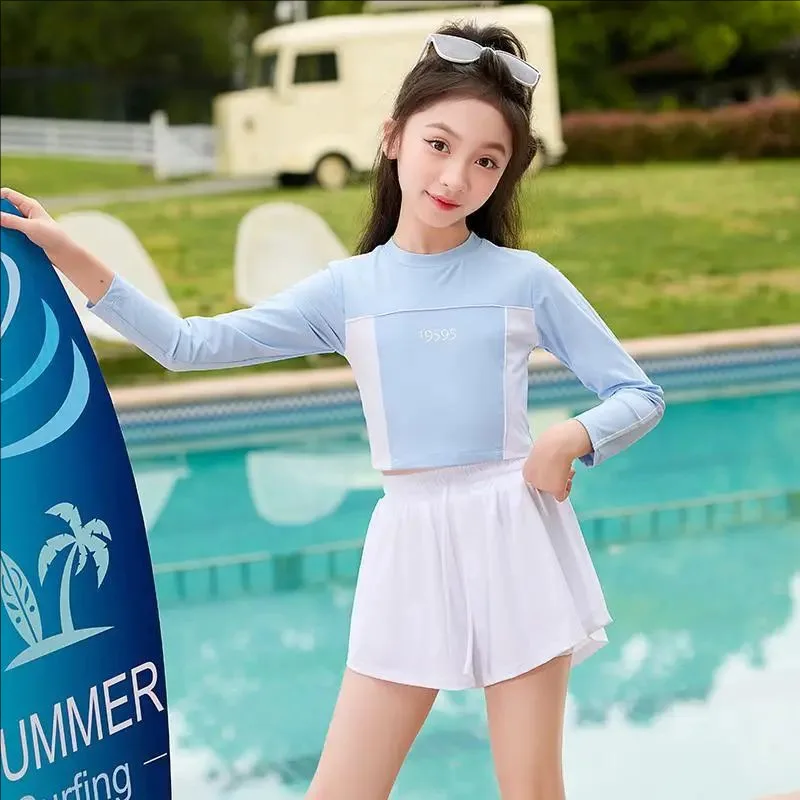 Cute Children's Girl Swimsuit Two-Piece Set Sun Protection Long Sleeved Quick Drying Shorts Girl Student Summer Beach Swimsuit