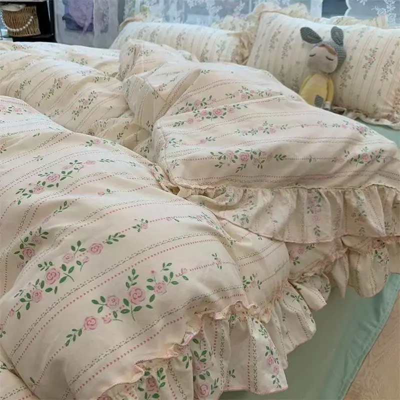 Koreanischen Stil Prinzessin Floral Bettwäsche Set Gewaschene Baumwolle Vintage Französisch Pastoralen Blumen Spitze Rüschen Bettbezug Set Kissenbezug – Detail 6