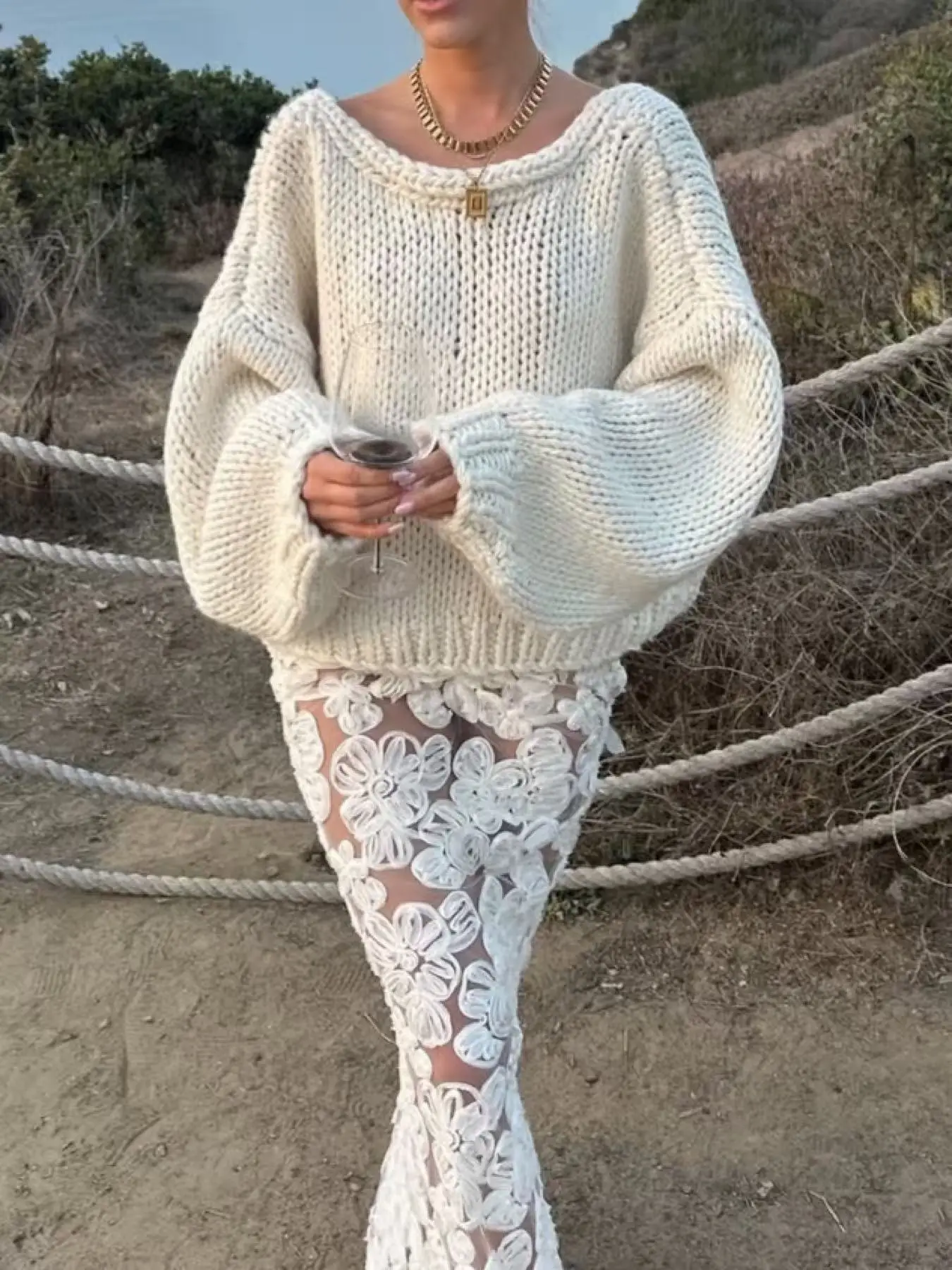 

Crochet Elegant Cardigan Sweater Woman Two-Way Wear Design Long Batwing Sleeve Street Casual Fashion Solid Simple Coats