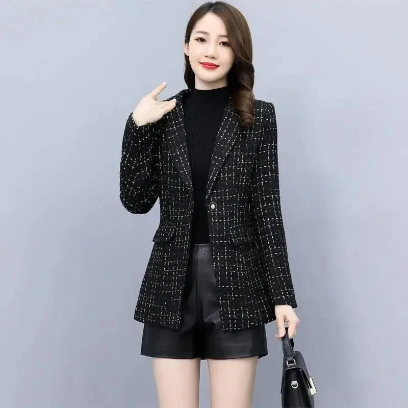 2023 NEW Women Autumn Winter Women Tweed Woolen Coats Fashion Casual Blazer Coat Vintage Long Sleeve Female Blazers Outerwear