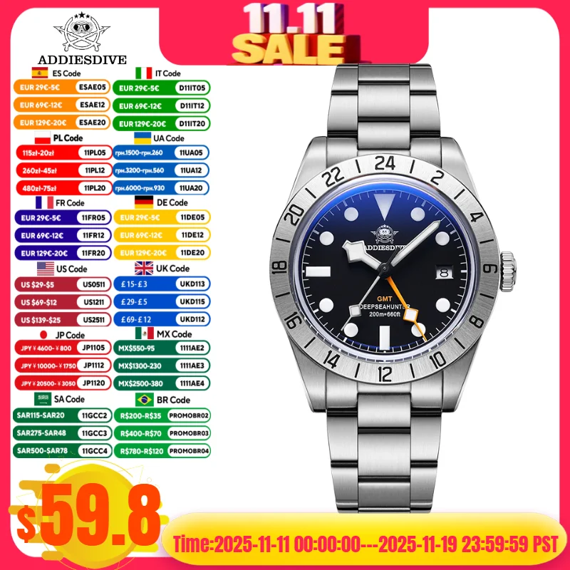 

ADDIESDIVE NEW Men Watches BGW9 Super Luminous Bubble Mirror Glass GMT Watch 20Bar Waterproof Quartz Watches Reloj Hombre