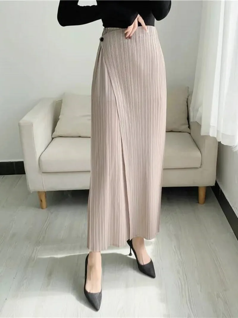 

New Pleated Summer Straight Skirt Pants Asymmetric Loose Elastic Slimming Casual Patchwork Design Trousers Chic 2AS8V
