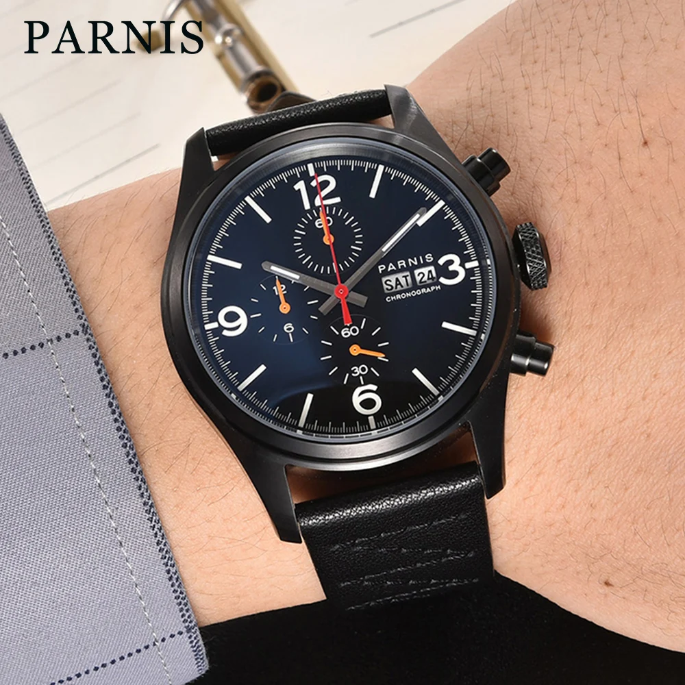

42 мм Parnis хронограф кварцевые часы мужские черный цвет корпус из нержавеющей стали специальные устойчивые к царапинам наручные часы с минеральными кристаллами