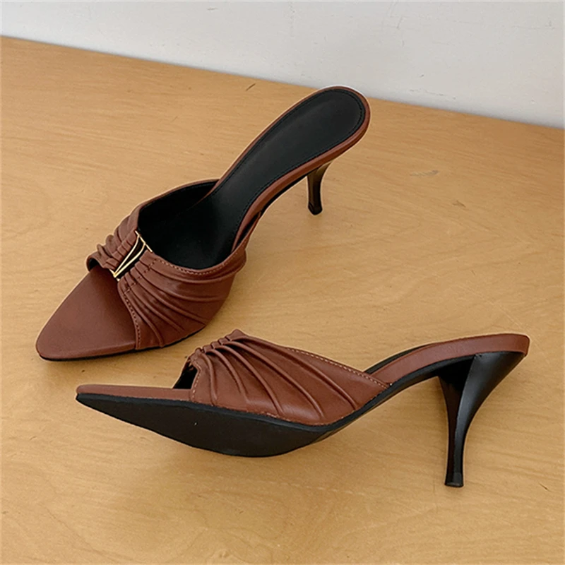 

Eilyken Summer Sexy Thin Heels Pointed Toe Women Slippers Designer Pleated Metal Buckle Slides Shoes Zapatos Mujer