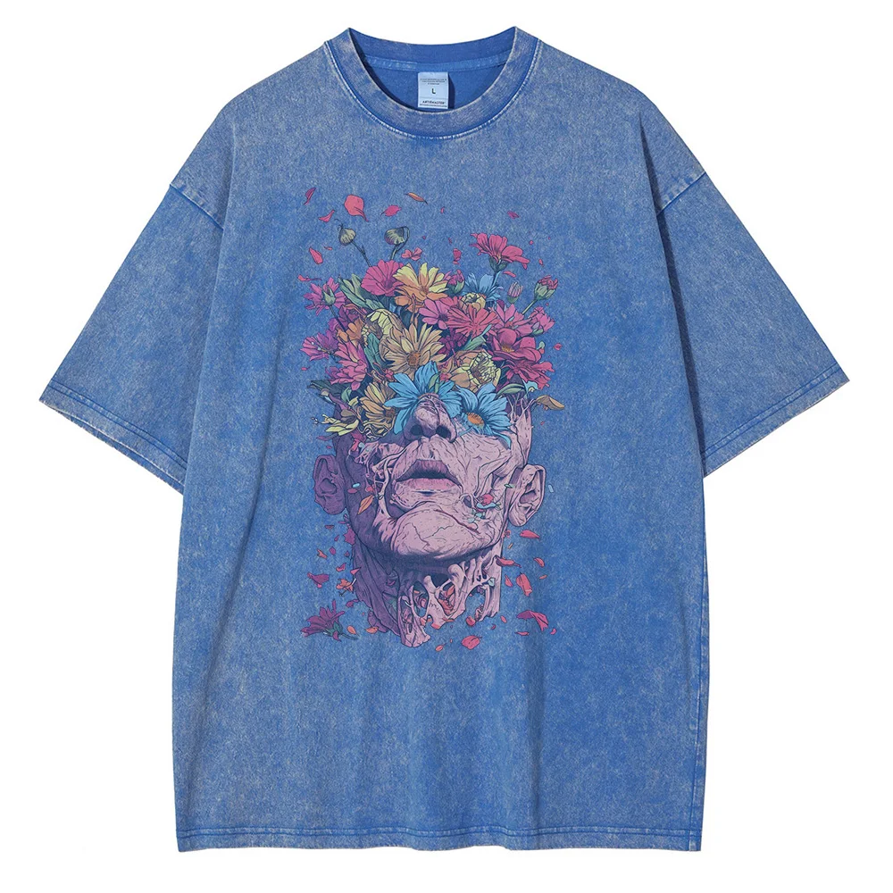 Heavyweight Pure Cotton T Shirts Flowers Emerging Out of Human Eyes and Heads Graphic T-shirts Vintage Van Gogh Style Mens Tops