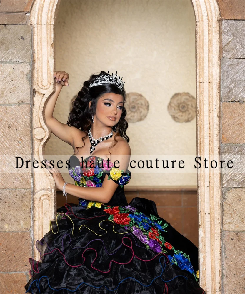 Mexico Black Tulle Quinceanera Dresses 2024 Sweet 16 Dress Flowers Embroidery  Sweet 16 Birthday Party Dress Vestidos De 15 Años