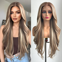 DWY 13x6 Body Wave Curly Synthetic Lace Front Wig Ash Brown Highlight Pre Plucked Lace Wig for Women Wear and Go Wigs for Daily