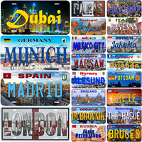 Vintage License Plates Decoration Tin Signs Vintage Dubai Munich Madrid Moscow City Tags Metal Automotive Signs For Car Front