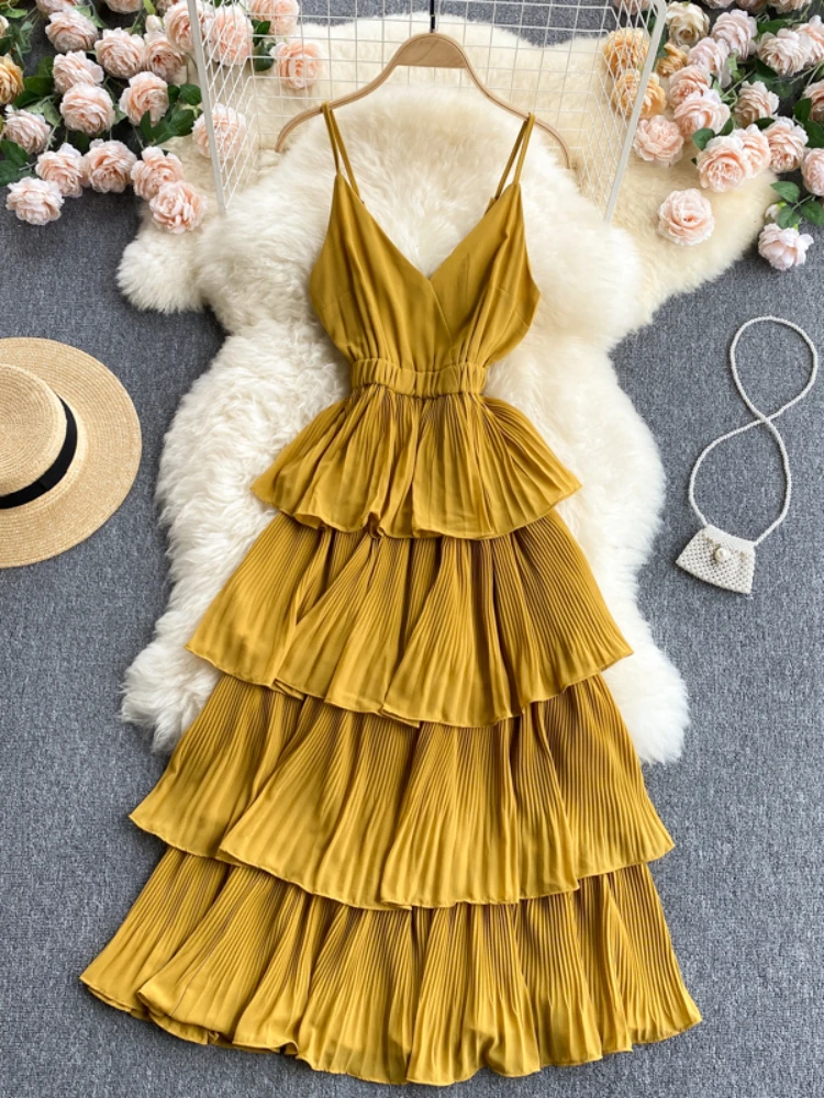 Women Beach Midi Dress 2021 New Summer Sexy V-neck Pleat Layer Ruffled Beach Dresses Ladies Elegant A Line Long Robe Vestido