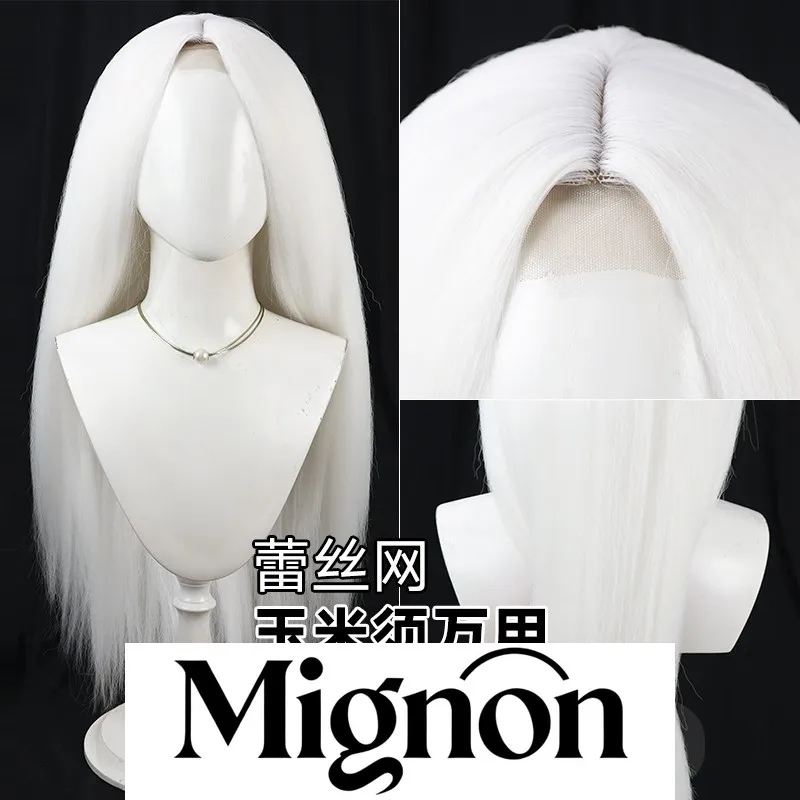 

Mignon Universal Long Straight Hand-Tied Lace Edge Cosplay Wig Corn Silk Texture Thickened Hair Volume Fluffy Silk Simulated