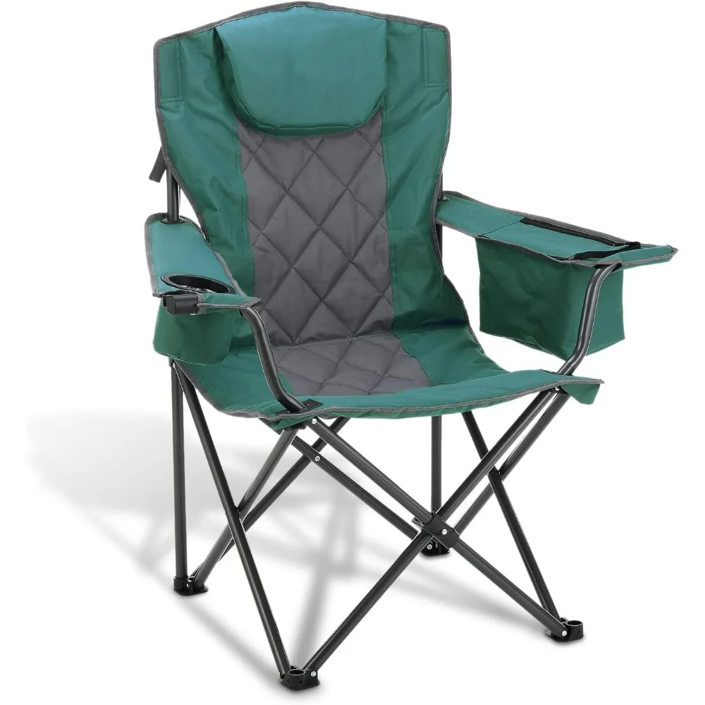 

Portable folding camping chair with cup and wine holder, heavy-duty tote bag, padded armrests, headrest, seat, up to 450 lbs
