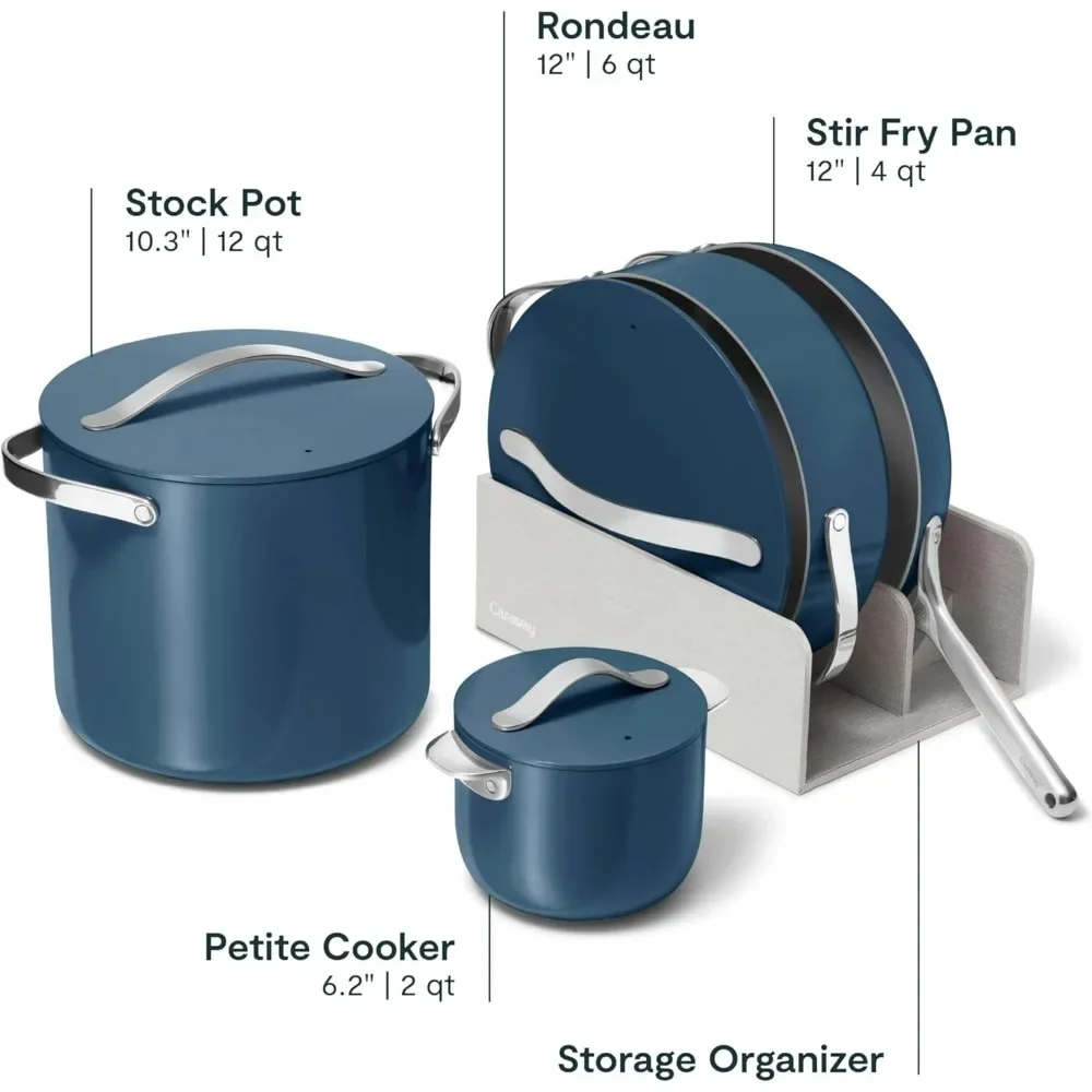 Cookware+ Collection - Specialty Cookware Set - Petite Cooker, Stir Fry Pan, Rondeau, 3 Lids & Storage Organizer Included