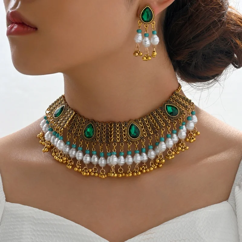 

New Fashion Vintage Jewelry For Woman Colorful Crystal Stone Jewelry Sets Simulated Pearl Beads Necklace Earrings Set For Women
