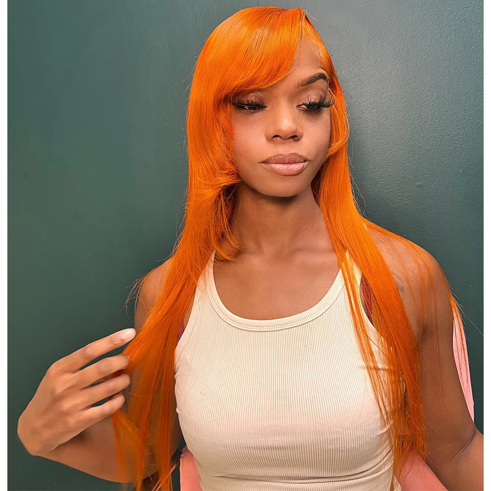 Linhua-Peluca de cabello humano liso de 13x4 para mujer, postizo de encaje Frontal transparente Remy, color naranja jengibre, 30 pulgadas, predesplumada con pelo de bebé